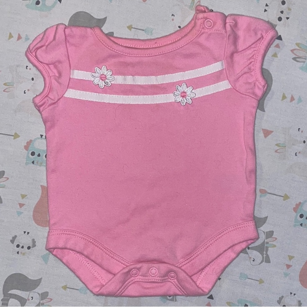 Pink Newborn Baby Onesie With Ribbon Stripes and Flowers